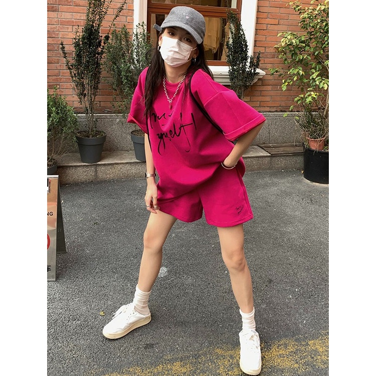 Bộ Đồ Thể Thao Áo Thun Tay Ngắn Dáng Rộng Phối Quần Short Cỡ Lớn Thời Trang Mùa Hè Cho Nữ