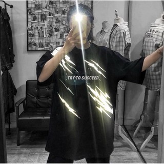 áo thun unisex  tay lỡ nam nữ form rộng Stee Phản quang TRY TO SUCCEED màu đen Trùm unisex