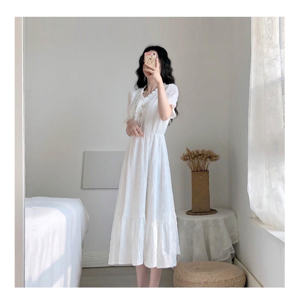 Đầm tay ngắn màu trắng thời trang nữ phong cách retro