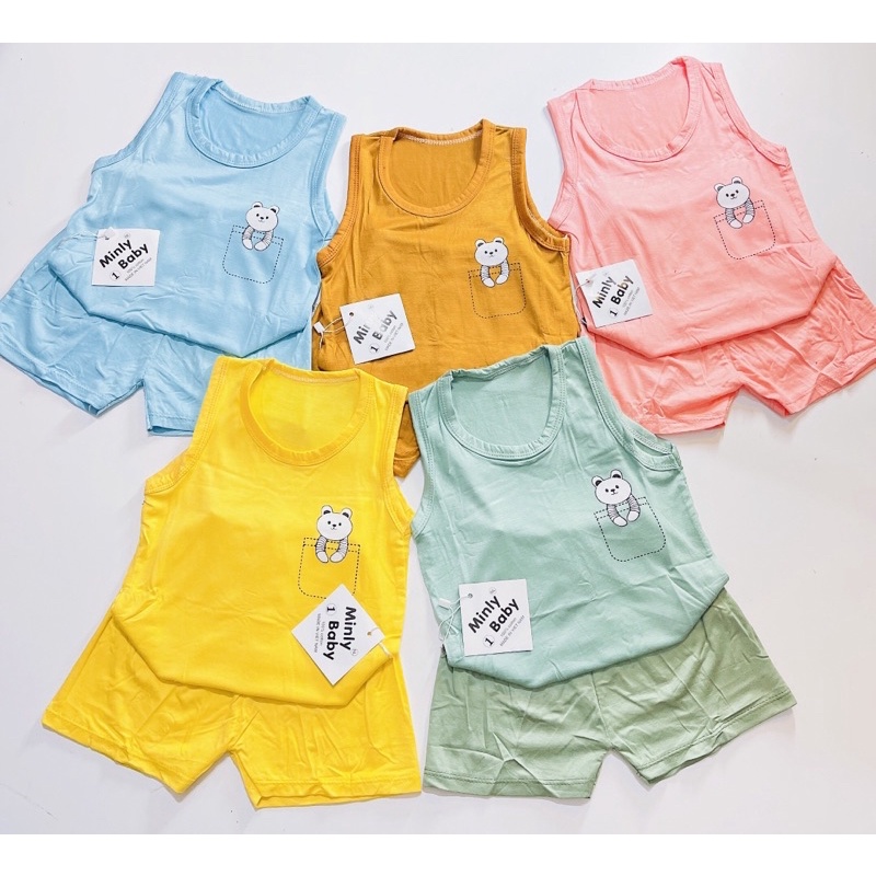 Bộ đồ sát nách vải trơn in hình gấu xinh xắn, vải thun siêu mịn cho bé từ 8-17kg
