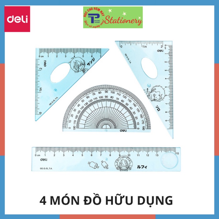 Bộ 4 dụng cụ eke học sinh Deli One Piece - 1 bộ eke thước kẻ đo góc tam giác vuông - màu ngẫu nhiên - EH17