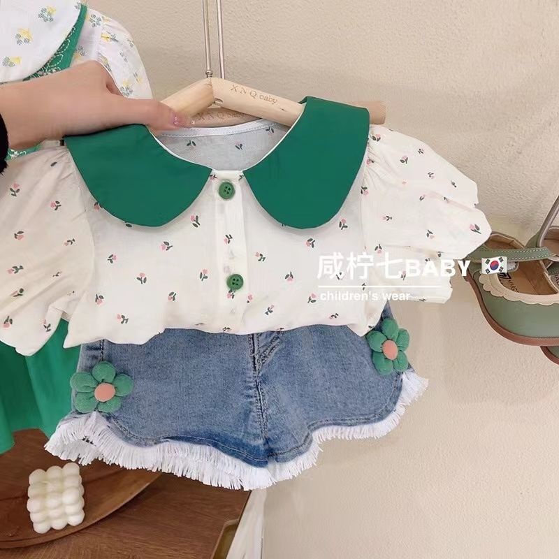 Girls' summer suit 2022 new children's fashion Western style short sleeve female baby Korean style jeans two-piece suit