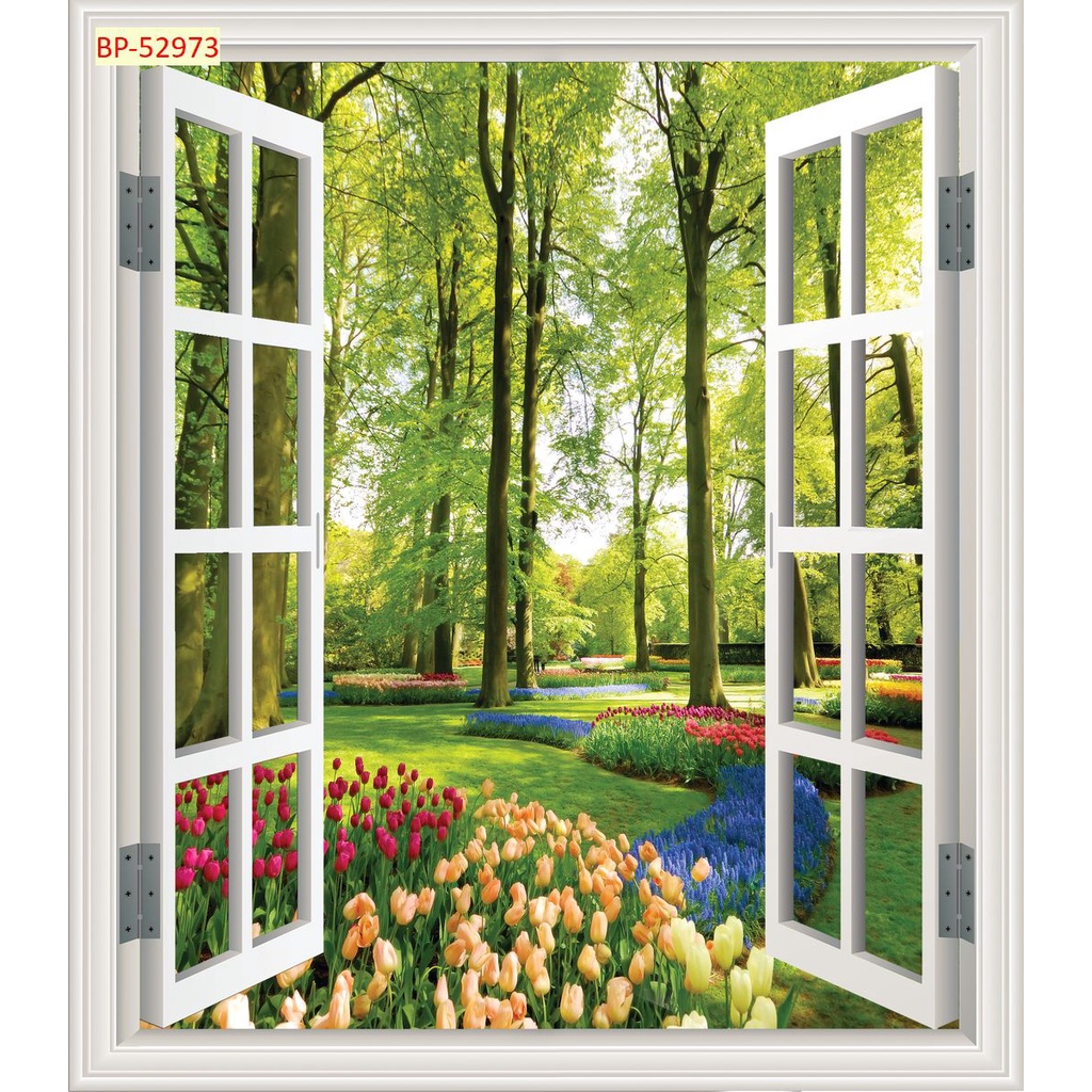 Tranh 3d cửa sổ nhìn ra phong cảnh sang trọng hiện đại không phai màu, chống thấm nước