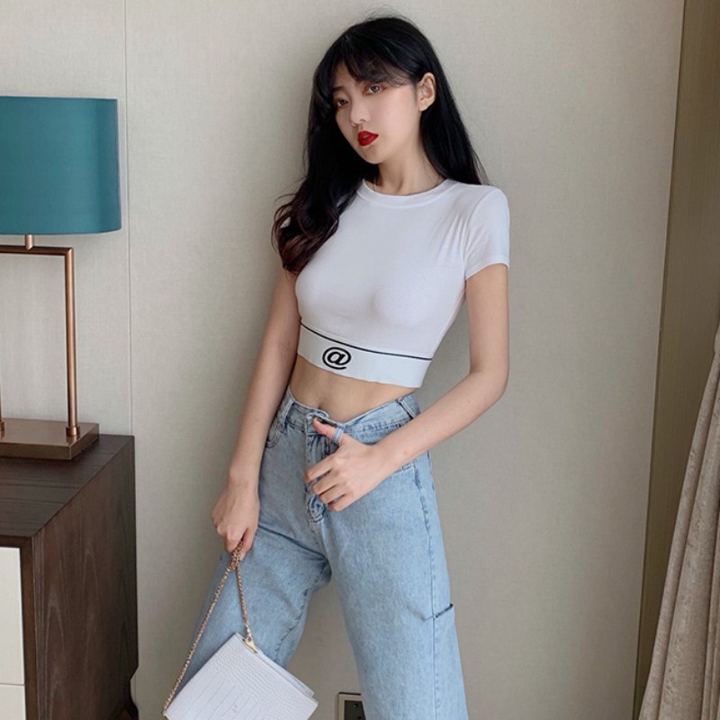 Áo thun crop top cổ tròn tay ngắn in họa tiết chữ dành cho nữ