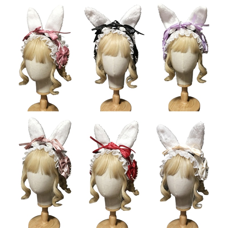 Băng Đô Tai Thỏ Phối Ren Và Ngọc Trai Dùng Hóa Trang Lolita