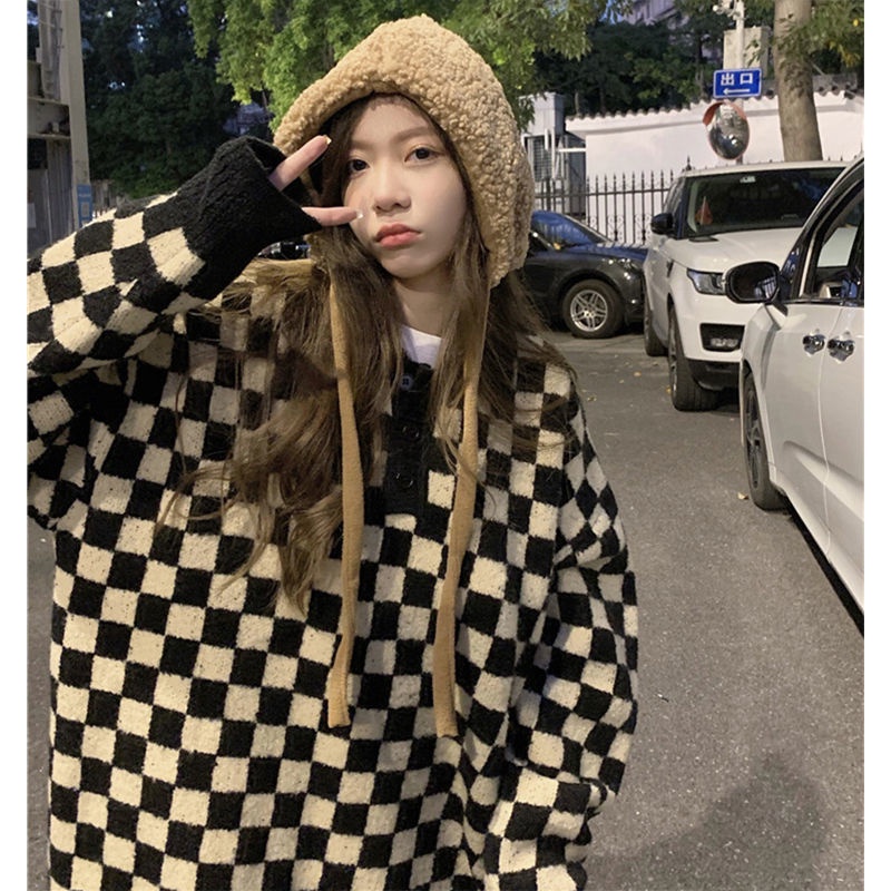 Áo sweater dệt kim dáng rộng họa tiết kẻ sọc phong cách Hàn Quốc mới cho nữ