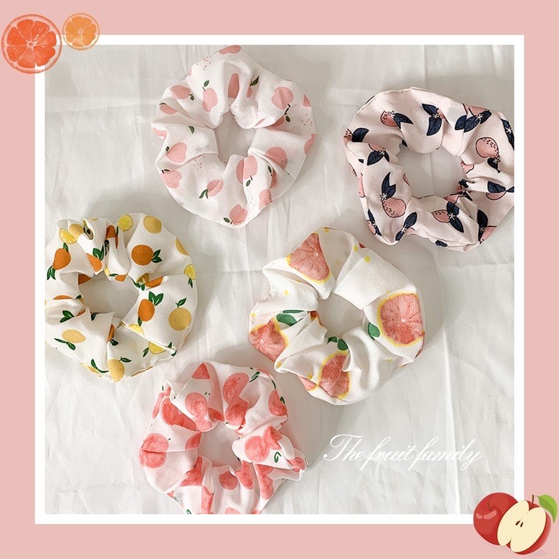 Dây buộc tóc scrunchies vòng hoạ tiết trái cây nhiệt đới xinh xắn