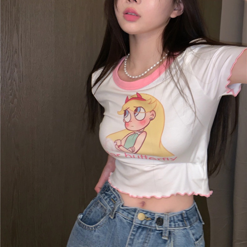 Áo Thun Nữ Tay Ngắn Dáng Ôm In Họa Tiết Hoạt Hình Dễ Thương