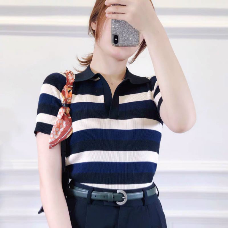 Áo len kẻ ngang cổ bẻ hàng QC