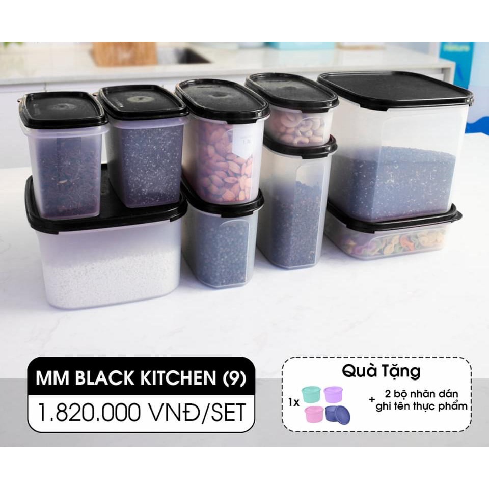 Bộ Hộp Kệ BếpBlack Kitchen 9 Hộp TẶNG 4 hộp mát/khô 1L trị giá 520k/set + 2 bộ nhãn dán