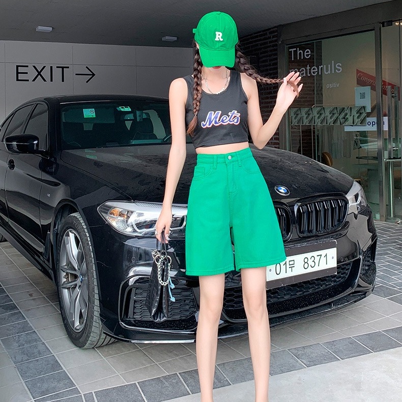 Quần Short Denim Lưng Cao Ống Rộng Màu Trơn Thời Trang Hàn Quốc Cho Nữ