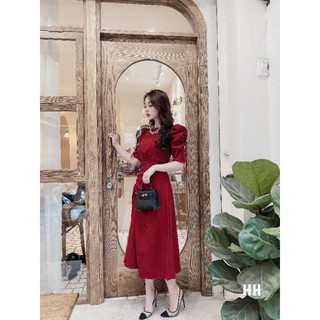 Váy nhung đỏ tay bồng nhún eo