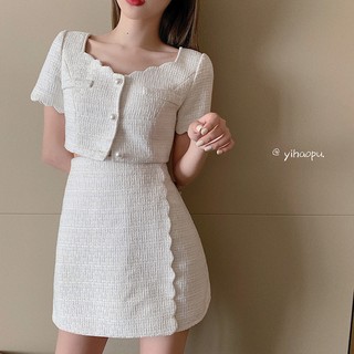 Set tweed áo croptop váy trắng lưng cao đẹp quá xá (có hình thật)