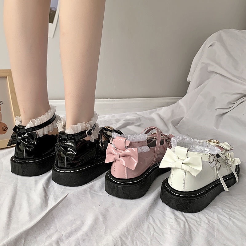 Giày lolita đế bệt da mũi tròn quai chéo gót đính nơ phong cách Nhật Bản