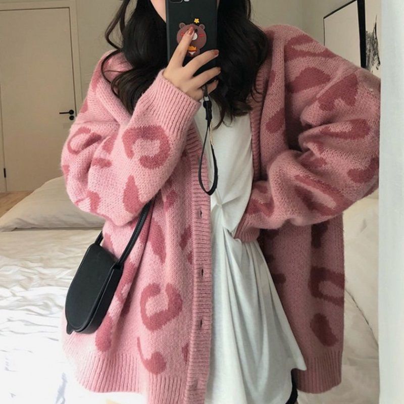 Áo Len Instagram Nổi Tiếng Trên Mạng Phong Cách Lười Rộng Rãi Áo Khoác Cardigan Dệt Kim Cổ Chữ V Mặc Ngoài