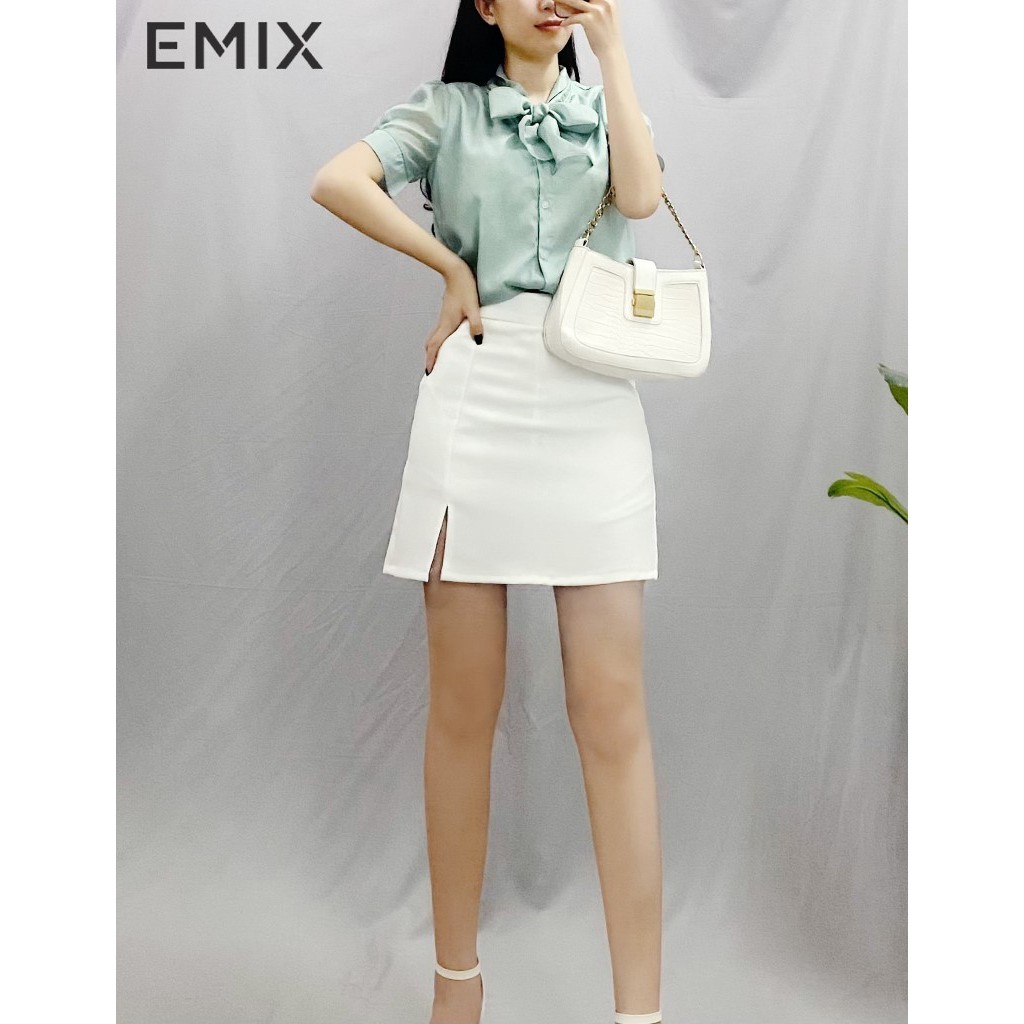 Chân váy ngắn chữ A EMIX, vintage, dáng ngắn 42cm, xẻ trước, có quần lót trong, chất tuyết mưa mềm mát, không lộ CV242