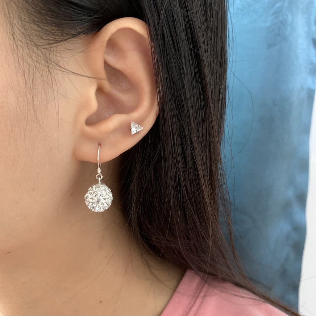 Bông Tai Bạc 925 ❤️FREESHIP❤️️ Bông Tai Nữ Dạng Móc Quả Cầu Đính Đá