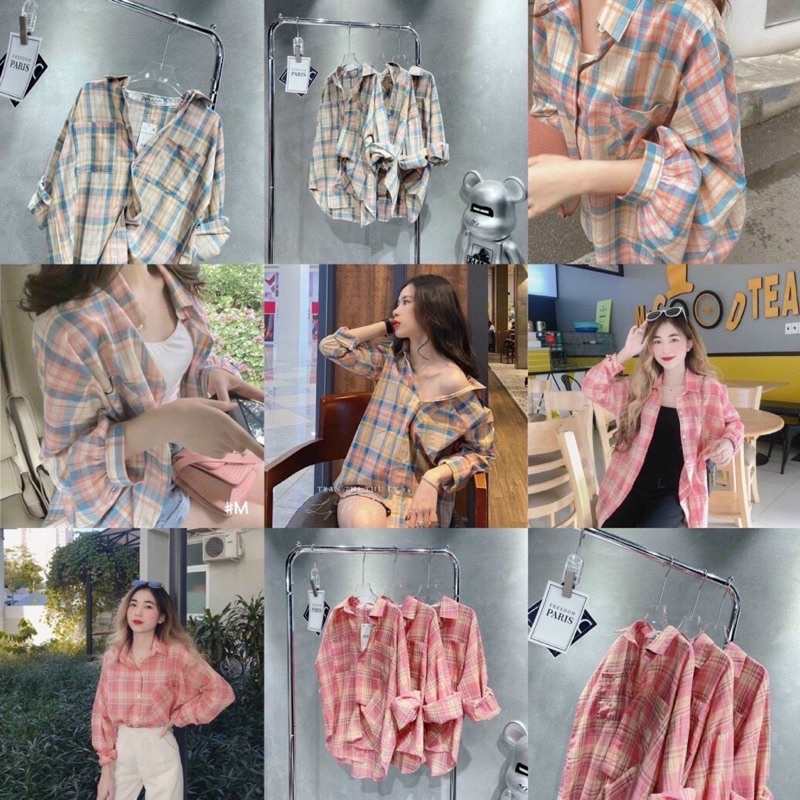 Áo sơmi nữ đũi thô kẻ sọc freesize dưới 53kg  2 màu xanh hồng alohashop91