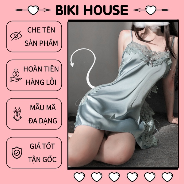 Váy ngủ 2 dây lụa cột dây siêu gợi cảm kèm quần chip lọt khe đầm Quảng Châu đan hông cao cấp quyến rũ BIKI HOUSE N131