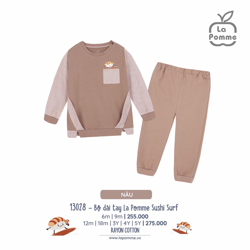 Bộ La Pomme quần áo dài tay chất Cotton cao cấp mềm mịn thoáng mát thấm hút tốt túi ngực in Sushi cho bé trai 13028