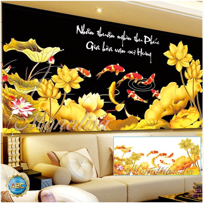 Tranh đính đá cá Gia Hòa Vạn Sự Hưng. Kích thước: 120x60cm và 150x70cm