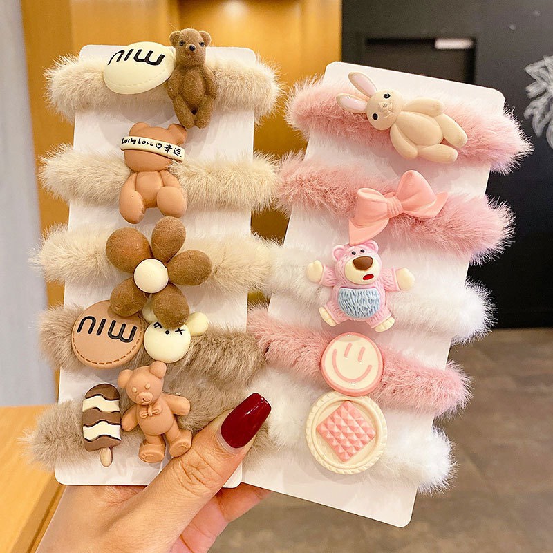Set 5 Chun Buộc Tóc Cho Nữ Lông Nhung Đính Icon Siêu Xinh