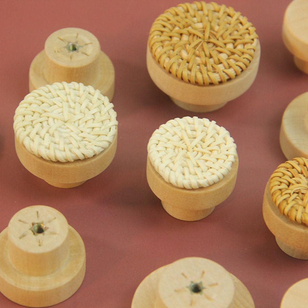 Set 4 Núm Tay Cầm Ngăn Kéo Tủ Bằng Mây Đan Hình Tròn Trơn Mịn Tự Nhiên Kèm Ốc Vít