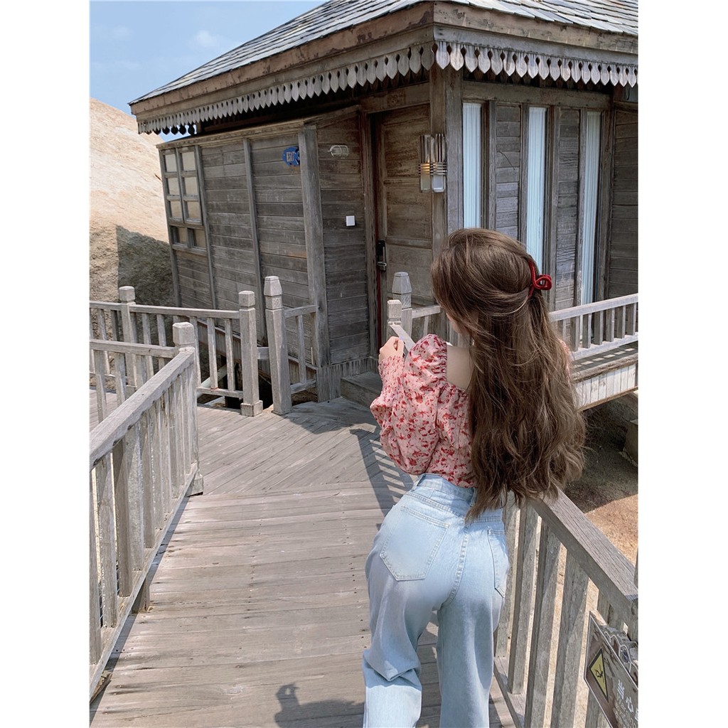 Cocory vn Áo croptop tay dài cổ vuông phối nơ cột đáng yêu cho nữ