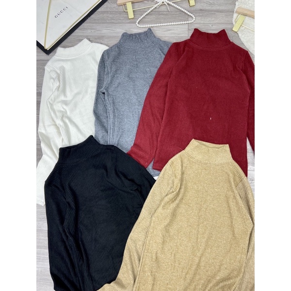 Áo len tăm nhung giữ nhiệt cổ cao 5cm màu trắng 5 phân