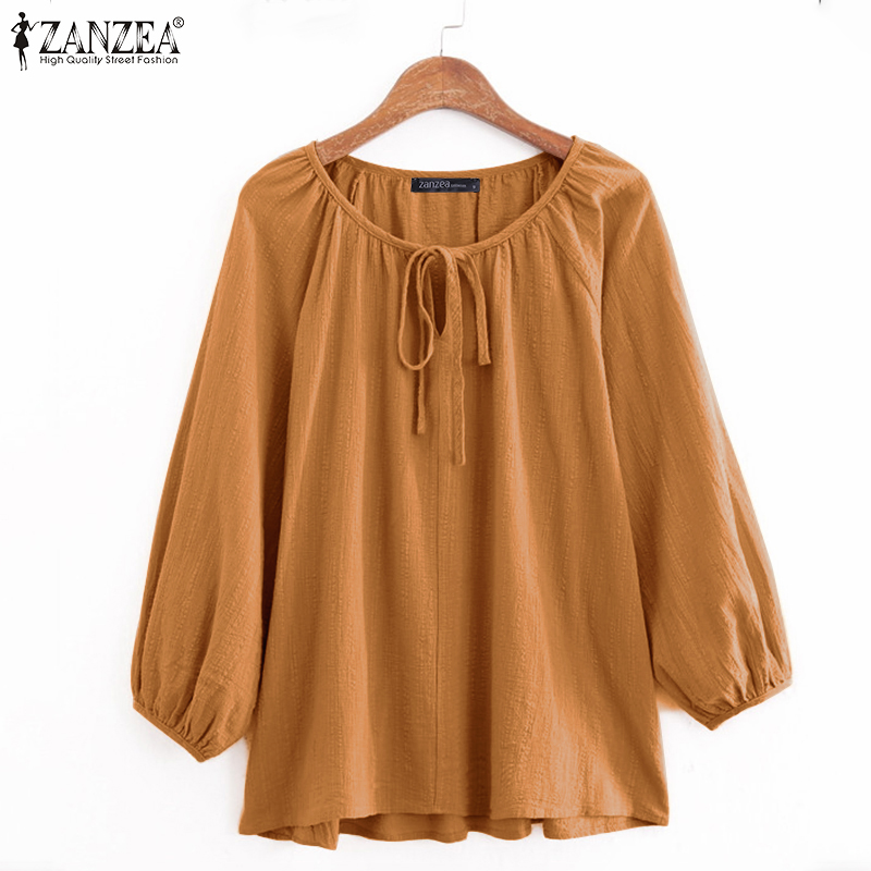 Áo Kiểu Zanzea Tay Phồng Cổ Tròn Rút Dây Màu Trơn Phong Cách Vintage Cho Phụ Nữ