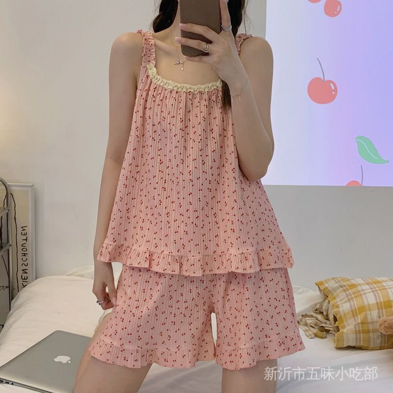 Bộ Đồ Ngủ Áo Hai Dây Phối Quần Short Mỏng Thời Trang Mùa Hè Cho Nữ