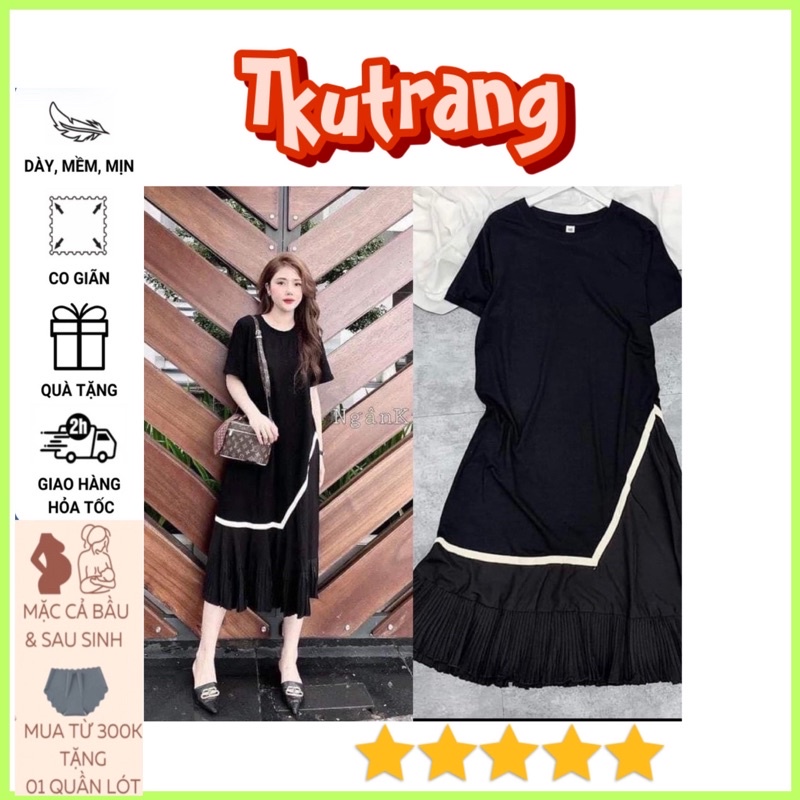 Váy bầu cao cấp chất cotton mát mềm mịn thấm hút mồ hôi kết hợp chân kẻ dập ly( free size 43~70kg)