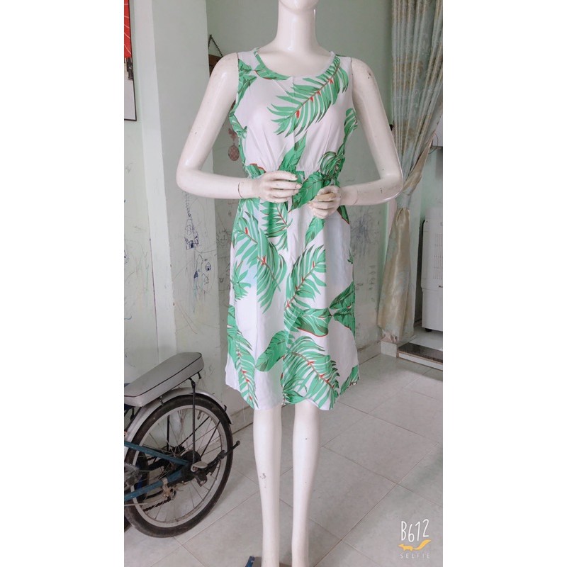 [40-55ky]Đầm maxi lanh xát nách cổ tròn dây thun eo thon