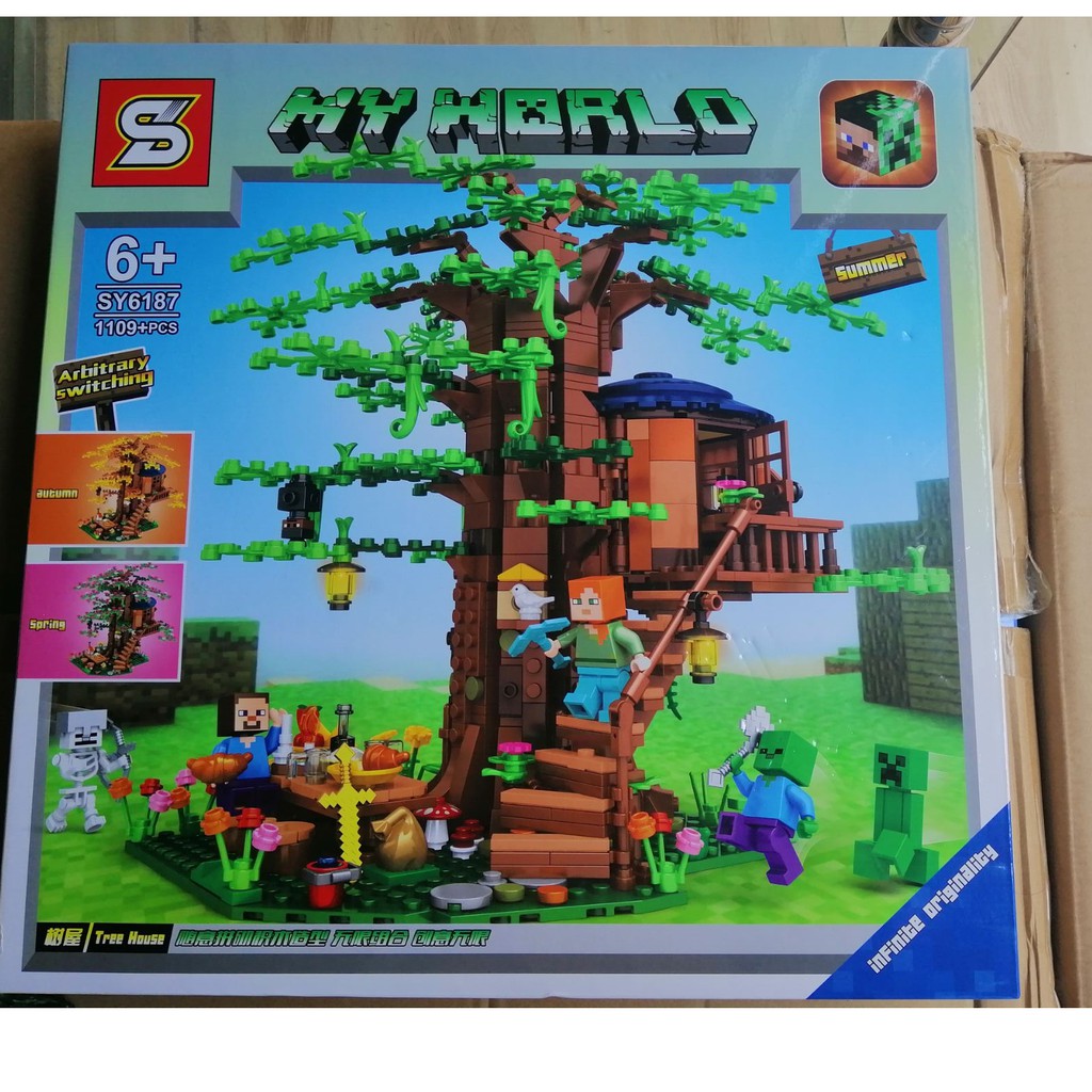 (có sẵn) bộ đồ chơi Minecraft tree house SY 6187 ngôi nhà trên cây tình bạn với 3 mùa lá cây thay đổi theo mùa