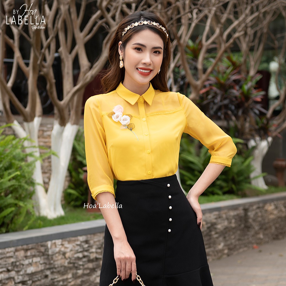 Áo Sơ Mi Nữ HOABELLA Chất Lụa Phối Voan Đính Hoa Sang Trọng (SM26)