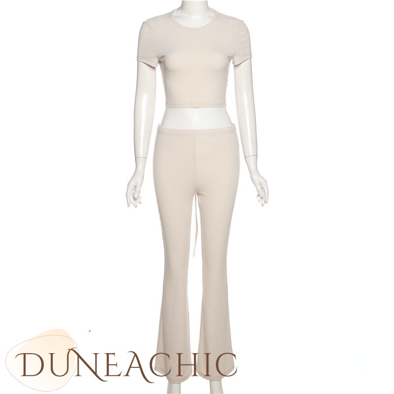 DUNEA Set Đồ 2 Món Gồm Áo Thun Crop Top Buộc Dây Hở Lưng Màu Trơn Và Quần Dài Ôm Dáng Gợi Cảm Cho Bạn Gái