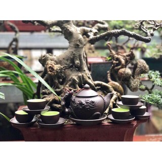 Bộ ấm chén tử sa Bát Tràng đắp nổi hoa phù dung