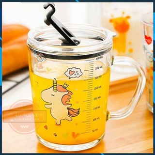 Ly - Cốc Chia Vạch 350ml - Ly Thủy Tinh Có Nắp Chịu Nhiệt - Ly Pha Sữa - Ly Unicorn