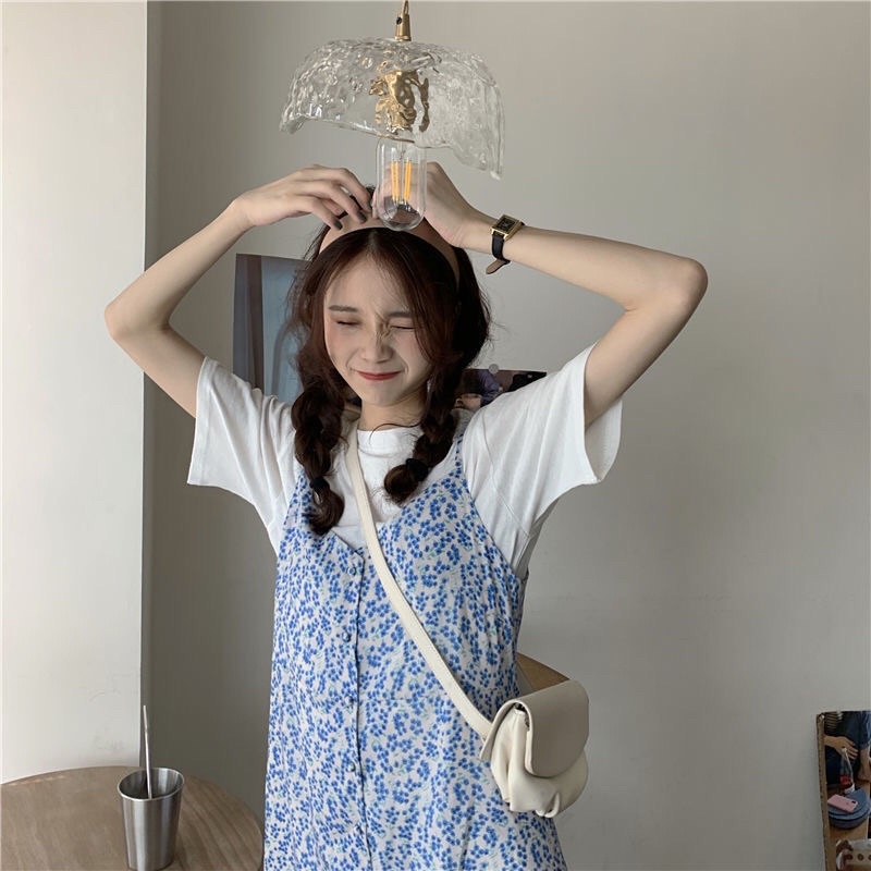 Set Áo Trắng + Váy Maxi Hai Dây Xanh Hoa Nhí Ulzzang Nữ M31