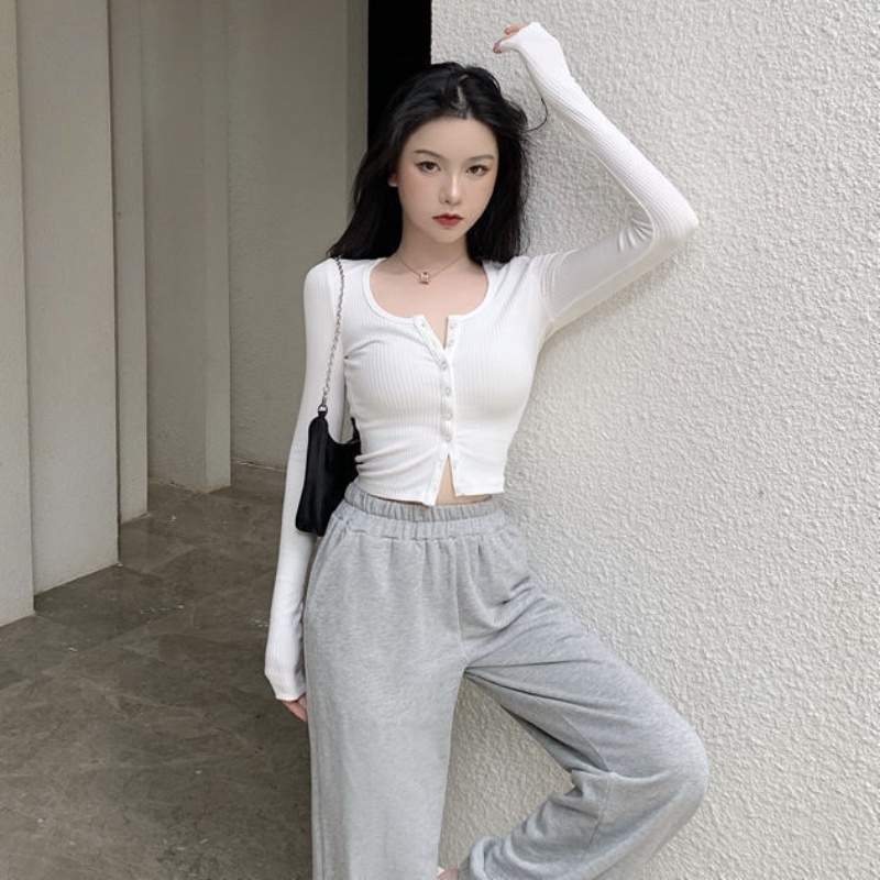 Áo thun cardigan lưng cao tay dài dáng ôm phong cách phương Tây mới