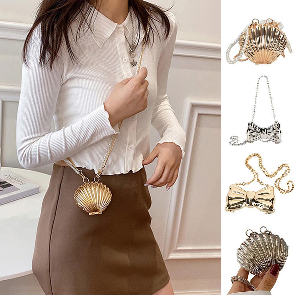 Túi đeo vai mini hình nơ kim loại W2F3 B5E1 màu bạc/vàng I9X6 thời trang cho nữ