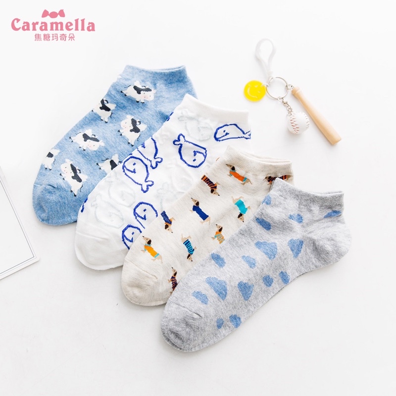 Set 4 đôi tất nữ cún Caramella tặng kèm hộp hoặc túi zip xinh phong cách Hàn Quốc
