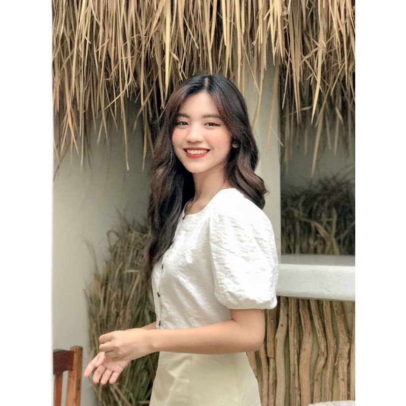 Áo kiểucroptop Nút gỗ Vintage style Hàn quốc Ulzzang Tay phồng Tay ngắn.