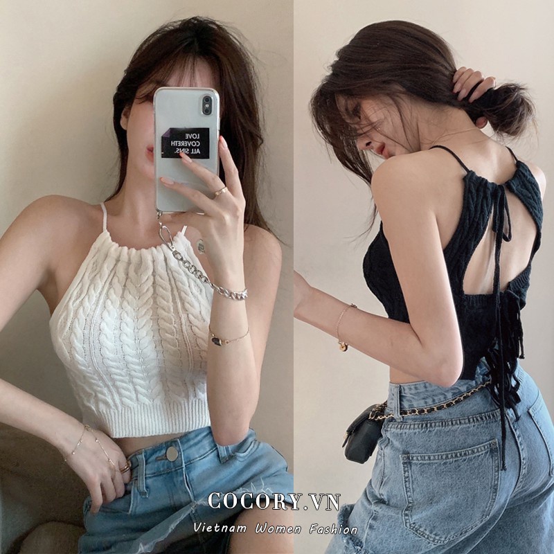 Cocory vn Áo croptop dệt kim không tay thời trang hè cho nữ