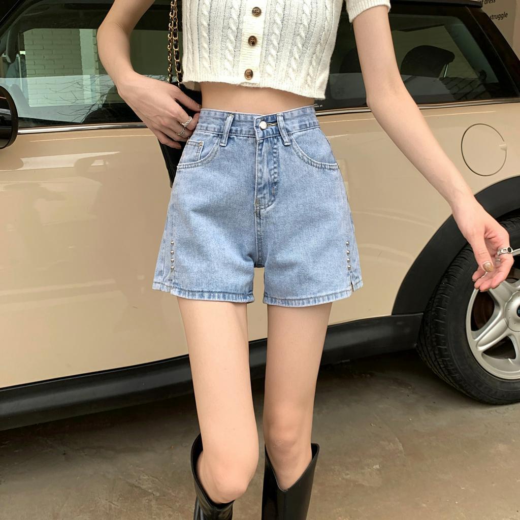 Quần Short Denim Lưng Cao Ống Rộng Xẻ Tà Thời Trang Mùa Hè Cho Nữ