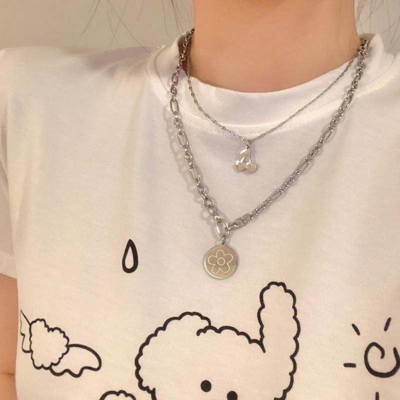 IF ME Dây chuyền hai lớp mặt hình hoa + cherry đơn giản thời trang Hàn Quốc dành cho nữ