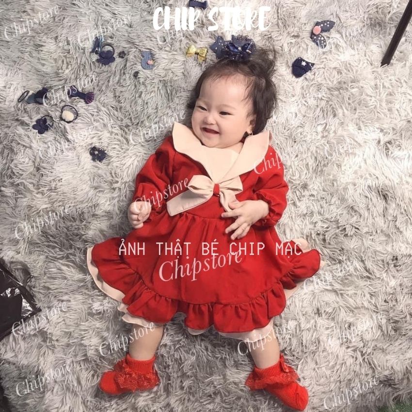 Váy thu đông bé gái CHIP STORE Đầm dài tay màu đỏ phối nơ xinh xắn có size sơ sinh - 7 tuổi