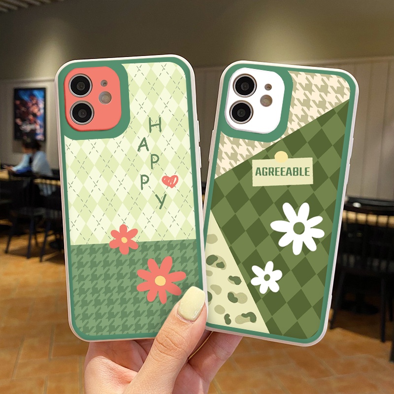 Ốp iphone cạnh vuông bo viền Hoa caro xanh lá cho 11/11pro/11promax/12 pro max/13 pro max/x/xr/xsmax/6/7/8/plus-g91