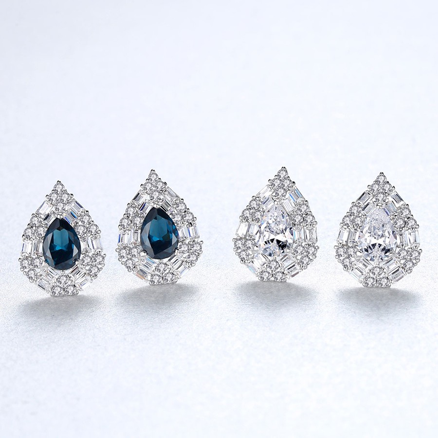 Bông Tai Bạc Nữ Hình Giọt Nước Đính Nhiều Đá Trắng-Xanh B2416-Bảo Ngọc Jewelry
