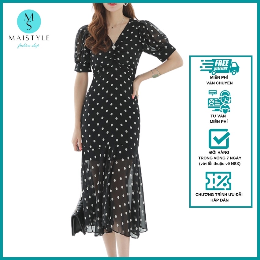 Đầm công sở MAISTYLE Váy nữ chấm bi dáng dài qua gối thiết kế tay phồng đuôi cá Đầm voan midi xòe tay ngắn MY1100 | BigBuy360 - bigbuy360.vn